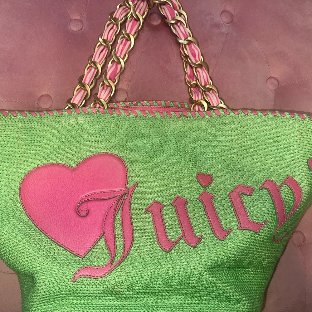 Vintage Juicy Couture Pink and Green Straw Beach Tote!